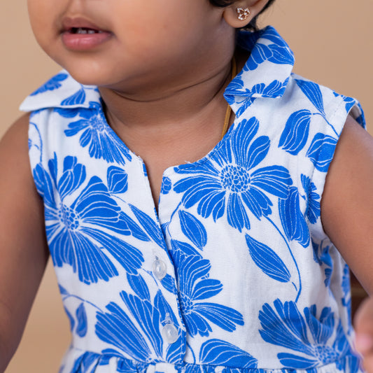 White Based Blue Floral Collared Frock