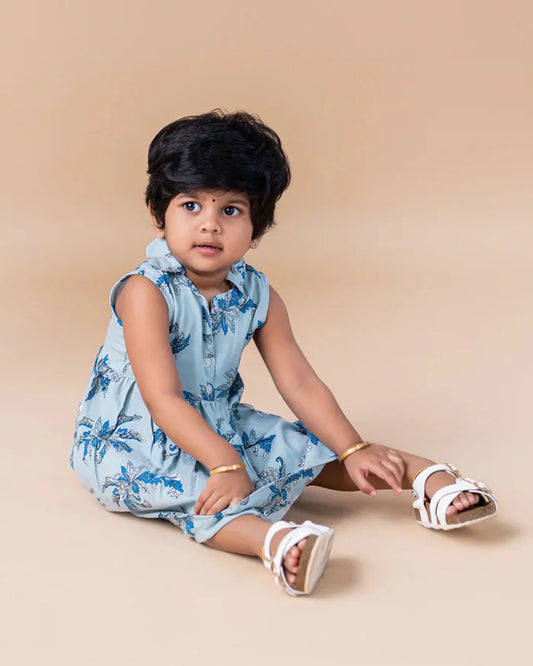 Light Blue Based Floral Collared Frock