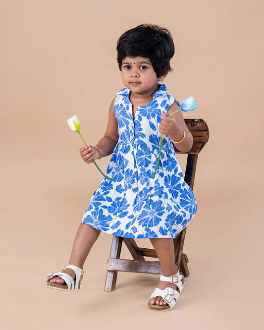White Based Blue Floral Collared Frock