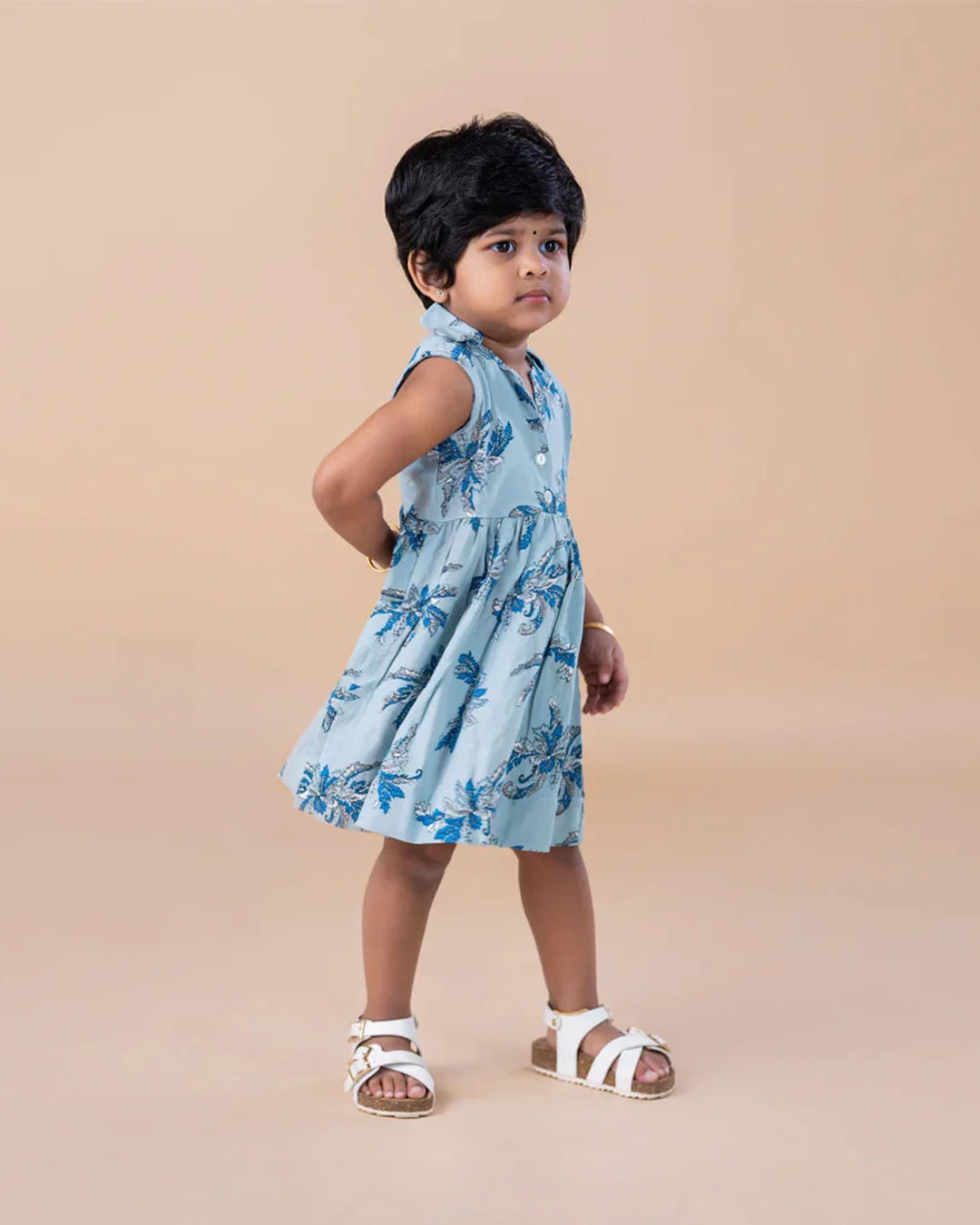 Light Blue Based Floral Collared Frock