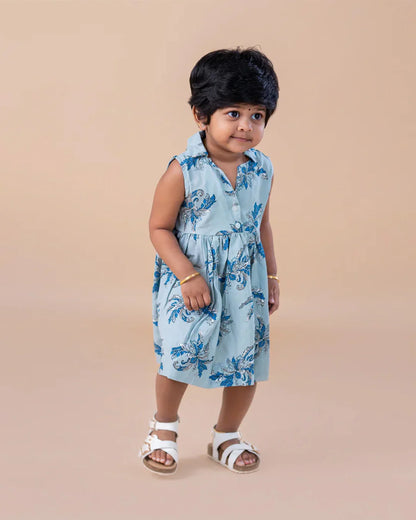 Light Blue Based Floral Collared Frock