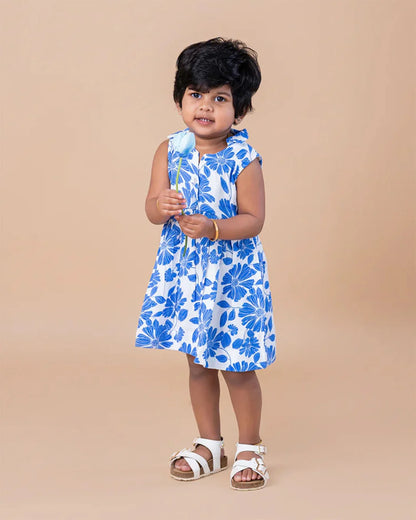 White Based Blue Floral Collared Frock