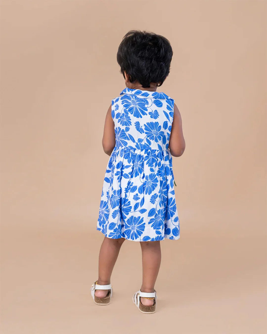 White Based Blue Floral Collared Frock