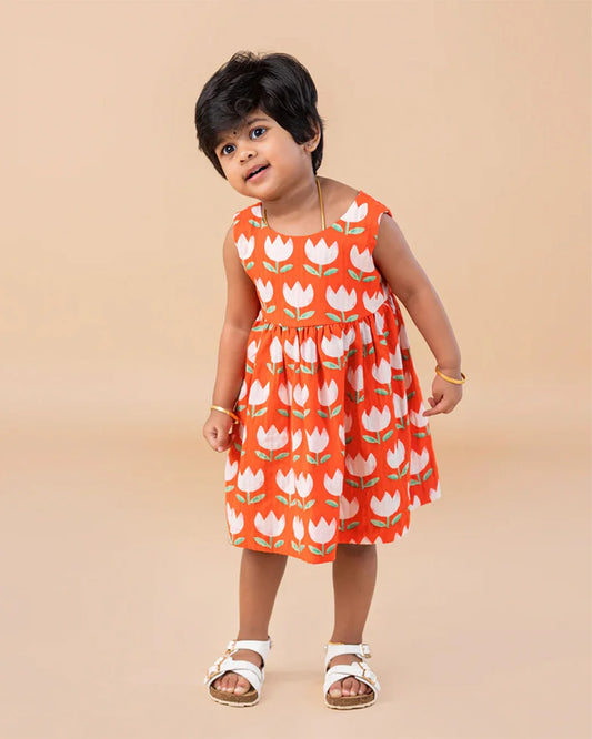Orange tulip U Neck Frocks