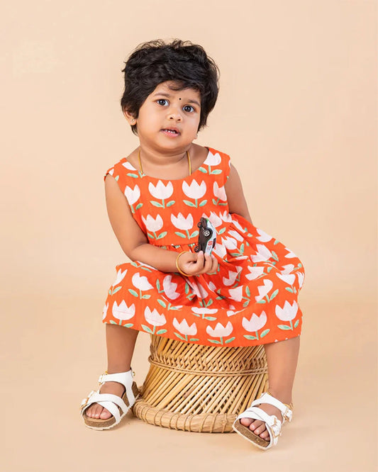 Orange tulip U Neck Frocks