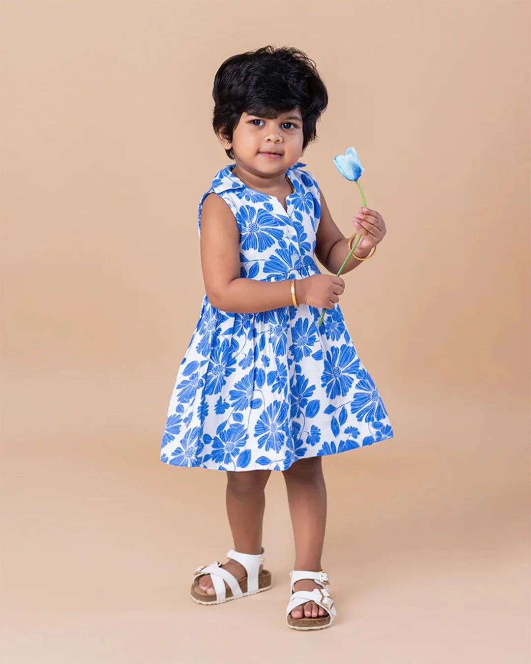 White Based Blue Floral Collared Frock