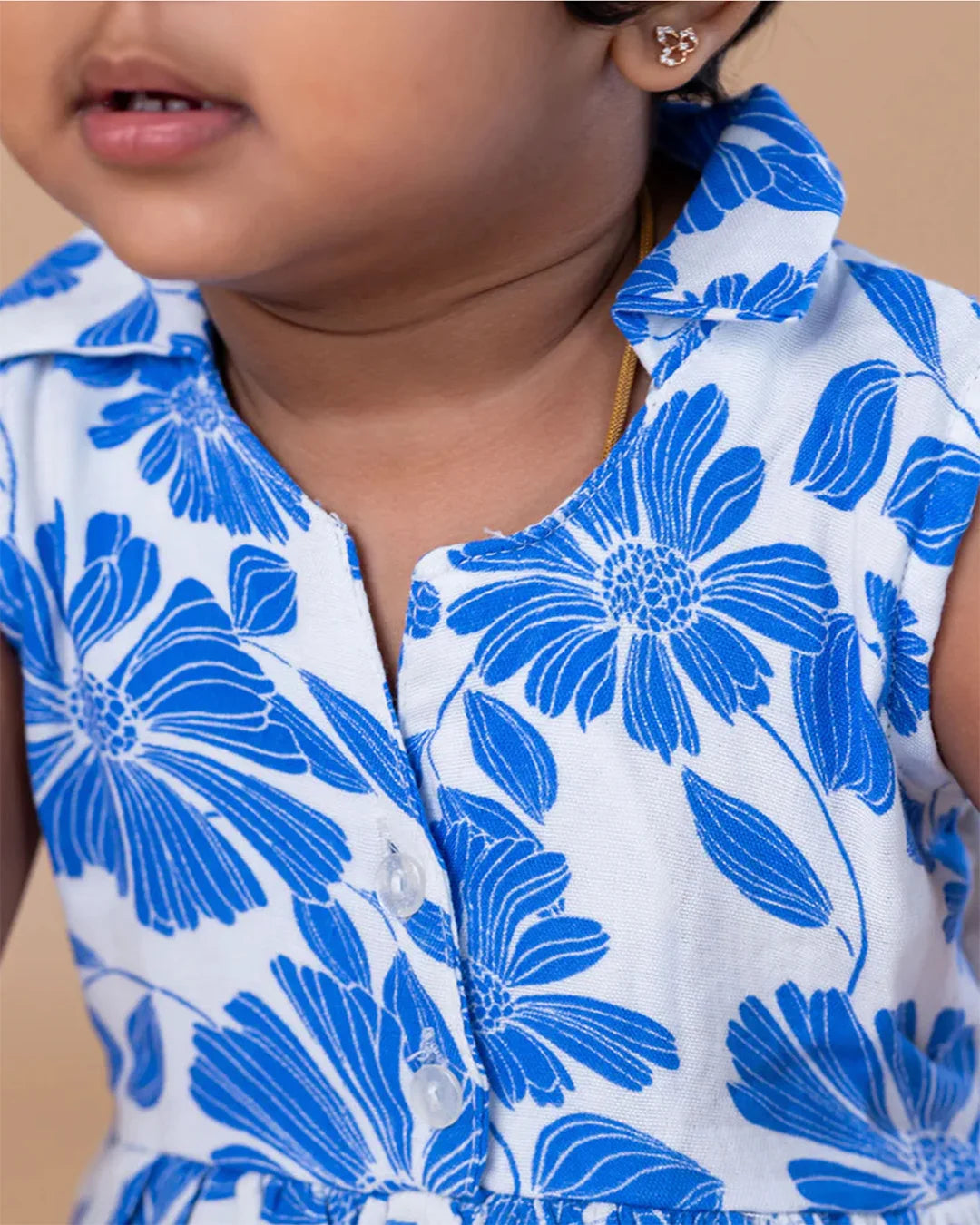 White Based Blue Floral Collared Frock